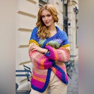 Anthropologie SAACHI Rainbow Stripe Knit Cardigan Oversized Chunky Sweater